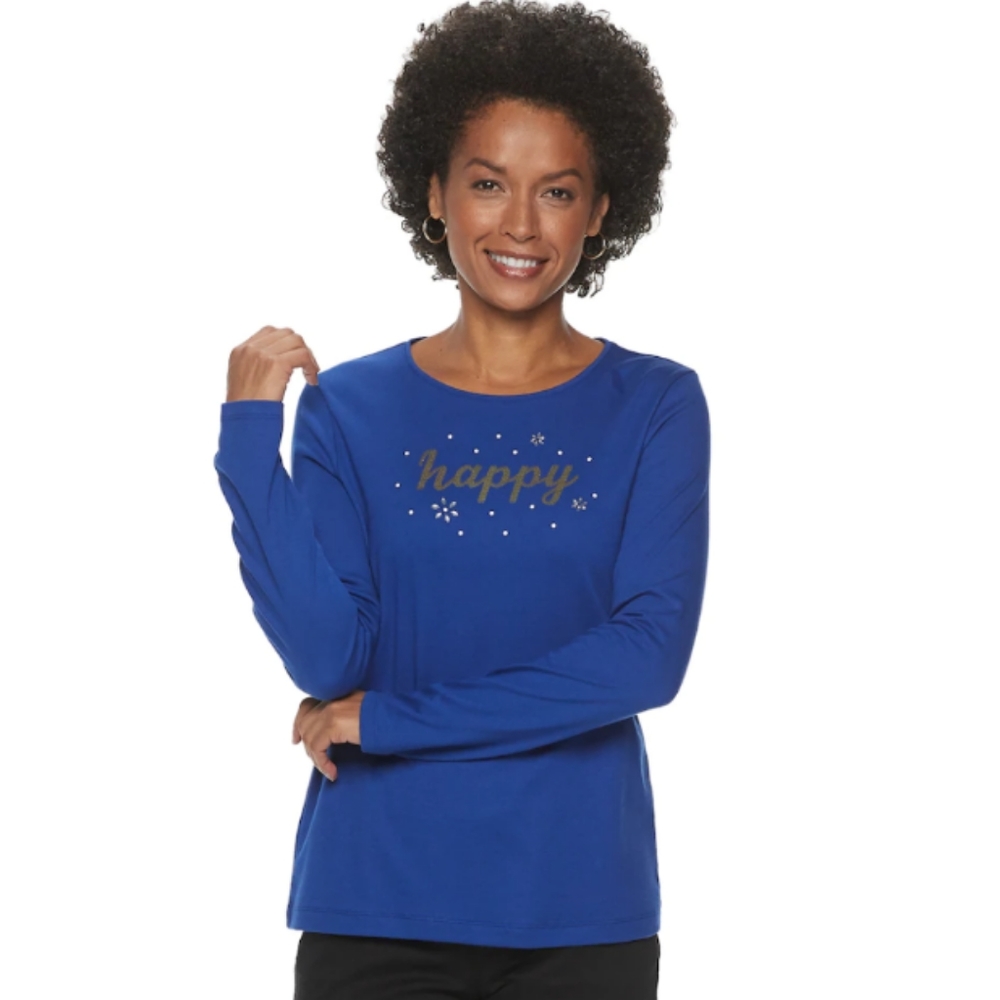 Croft & Barrow Crewneck Long Sleeve Blue Tee